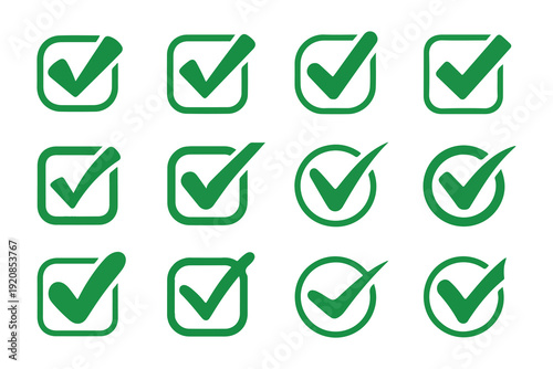 Green check mark icons in squares and circles for approval approval selection correct choice confirmation positive vote sign