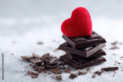 Red Heart on Stacked Dark Chocolate Bars with Chocolate Shavings on White Surface
