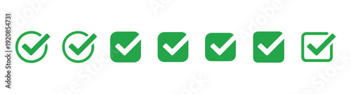 Set of seven light green checkmark icons in various shapes including circles and squares for verification