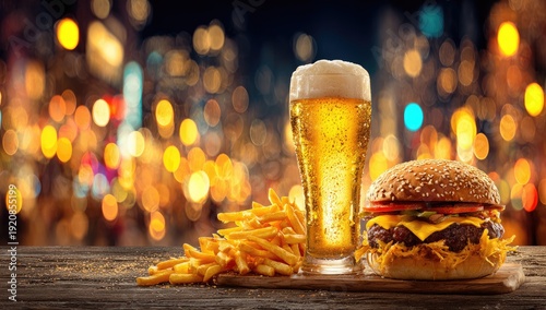 A tall glass of foamy beer sits by a juicy burger and fries.
