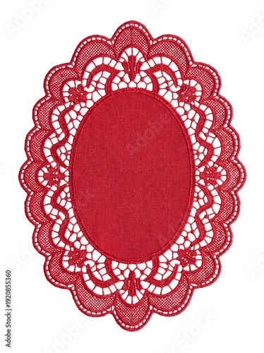 Bild auf Leinwand Red oval lace doily with intricate floral crochet pattern, decorative textile frame on a transparent background