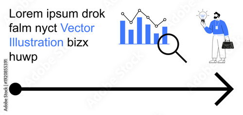 Analytics, innovation, market research, decision-making, growth strategy, data presentation. Blue bar graph with a magnifying glass, arrow and business professional holding ideas. Analytics