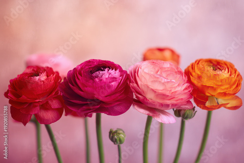 Ranunculus Flowers in Pink and Orange on Blurred Background