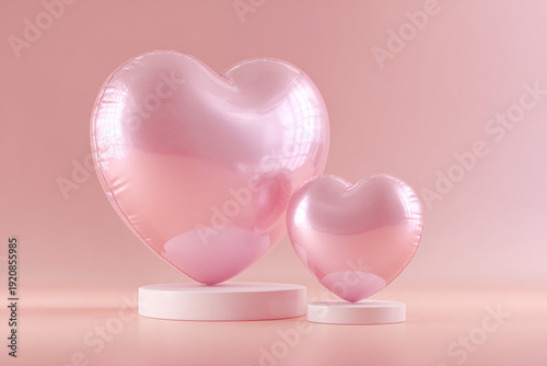 Pink Hearts on White Pedestals in Pastel Background