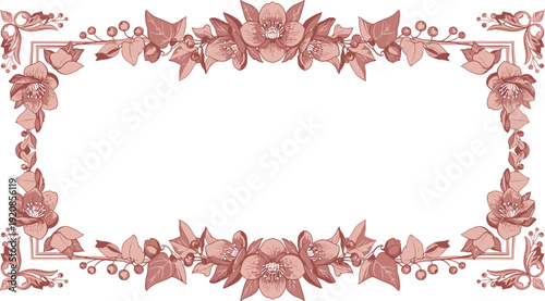 Vintage floral border design featuring a frame made of dried tomatoes and red rose petals isolated on a vector art pattern for a nature love card decoration