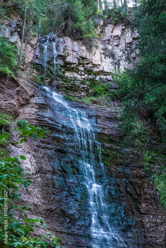 A close-up of the Maidenly plates waterfall, high up in the mountains of Kyrgystan.