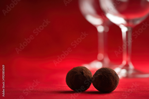 Chocolate Truffles on Red Tablecloth with Wine Glasses