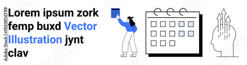 Business planning, scheduling, time management, creativity, brainstorming, technology integration. Person holding a document by a calendar and conceptual brain illustration. Business planning