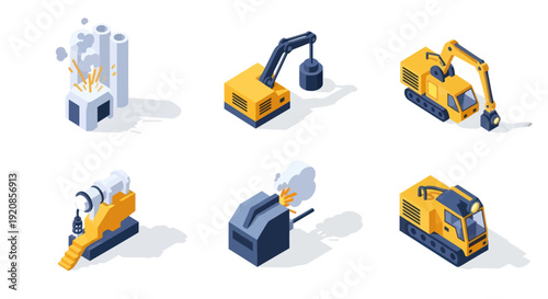 Set of yellow construction machines and equipment icons.