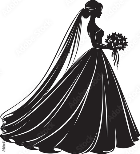 Elegant bride silhouette vector illustration with a long flowing veil and a bouquet of flowers, depicted in a classic black and white style, isolated on a transparent background.