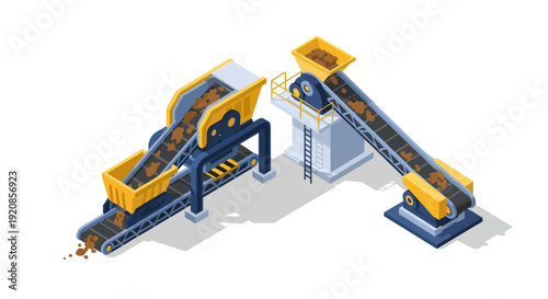 Industrial machinery equipment with conveyor belts and processing units.