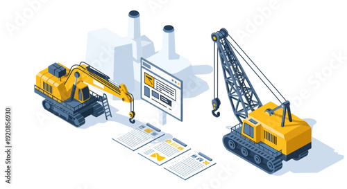 Construction Site with Crane and Excavator Machinery.