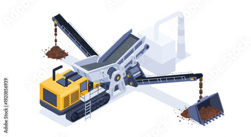 Heavy machinery crushing rocks and gravel for construction.