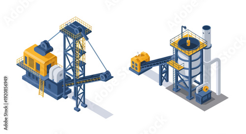 Industrial machinery equipment 3D illustration with cranes and processing units.