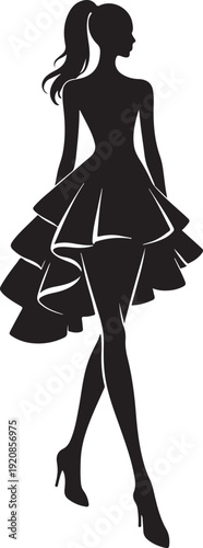 Elegant black silhouette of a woman walking confidently wearing a stylish layered high low ruffle cocktail dress