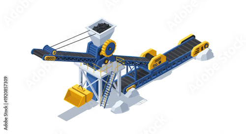 Industrial conveyor belt system with blue and yellow components.