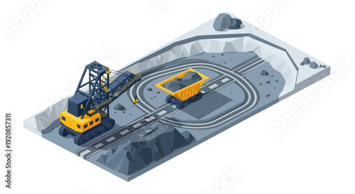 Isometric illustration of a futuristic transportation system with a train and a control center.