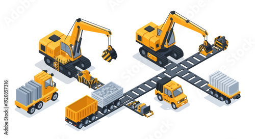 Construction site with excavators and trucks working together.