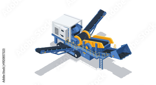 Industrial asphalt recycling machine with conveyor belt and crusher.