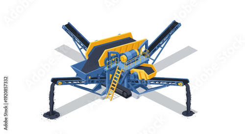Industrial crusher machine with blue and yellow metal components.