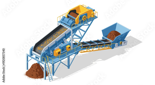 Industrial conveyor belt system for material processing and transportation.