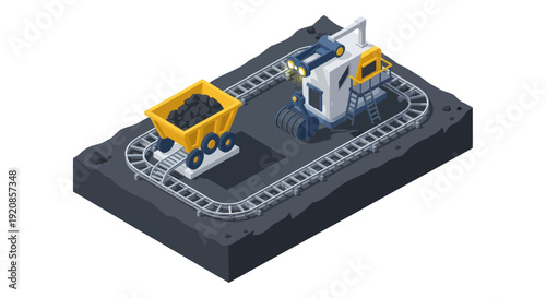 Isometric illustration of industrial machinery on a circular track.