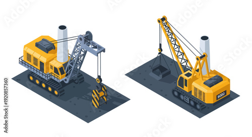 Isometric illustration of drilling rig and crane truck on white background.