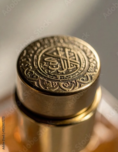 Wallpaper Mural Close Up Of Ornate Gold Perfume Bottle Cap With Intricate Arabic Calligraphy Embossed Detail And Soft Natural Lighting Creating An Elegant Luxurious Feel Torontodigital.ca