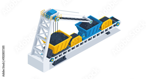 Industrial conveyor belt system with crane and containers.