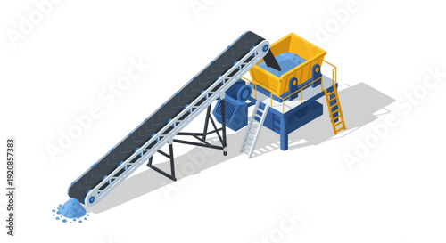Industrial conveyor belt system with hopper and ladder for material transport.