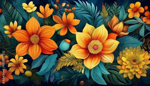 vibrant floral pattern featuring a diverse array of yellow and orange flowers amidst lush greenery