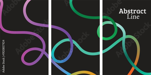 Triptych of flowing gradient lines on a dark background, modern abstract art for wall decor or digital backgrounds