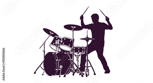 A drummer silhouette plays an energetic rhythm on a full drum set.