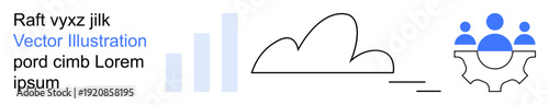 Cloud computing, teamwork, data management, analytics, technical operations, connectivity. Cloud with data graphs and a group of people inside gears. Cloud computing and teamwork concepts