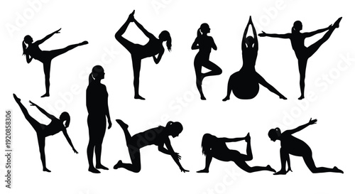 Diverse group of women performing various yoga poses.