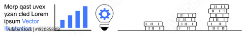 Business growth, innovation, economic strategy, financial success, entrepreneurship, savings. Blue bar graph, gear in lightbulb stacks of coins. Business growth and innovation concept