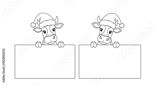 Two cartoon cows wearing Santa hats hold blank signs.