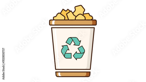 White recycling bin featuring a prominent teal recycling logo is overflowing with discarded yellow paper and cardboard pieces.