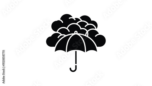 Protective umbrella icon stands under a dense cluster of dark clouds symbolizing shelter and protection from the storm.