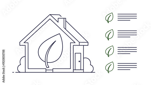 Eco-friendly house icon features a large leaf inside the home outline and a checklist of green features on the right.