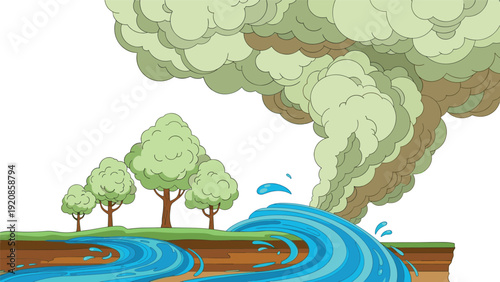 Landscape scene depicts a natural disaster with massive billows of smoke rising above a river and several green trees.