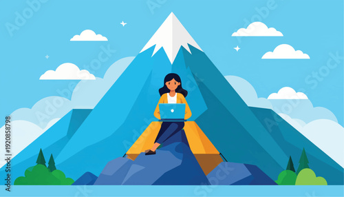 Woman Sitting on Rock with Laptop.