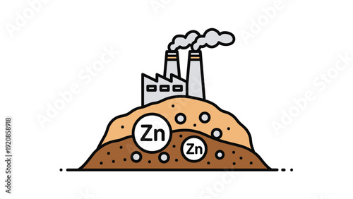 Industrial factory with smoking chimneys sits atop a mound of soil containing circular Zn symbols to represent zinc mining.