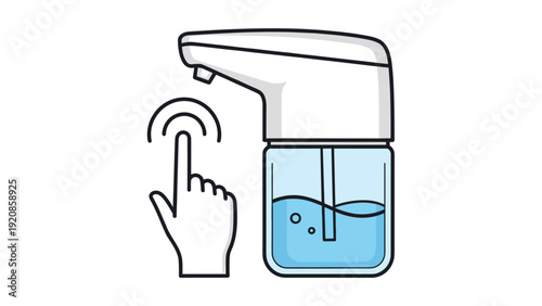 Automatic hand sanitizer dispenser with a touch-free sensor and a clear liquid reservoir, shown with a hand icon for hygiene.