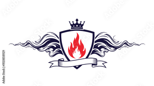 Heraldic shield with a red flame inside, topped with a crown and flanked by decorative flourishes and a blank ribbon banner.