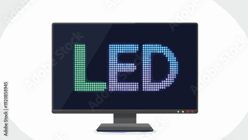 Computer monitor displaying the word LED in bright pixelated letters, illustrating digital display technology and screen resolution.