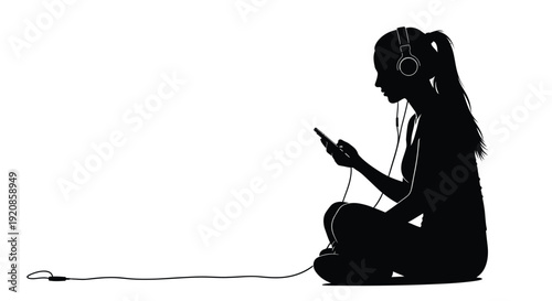 A young woman's silhouette listens to music using headphones.