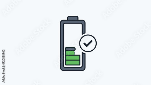 Battery icon showing a partial green charge level with a checkmark, representing power status, energy efficiency, and completion.