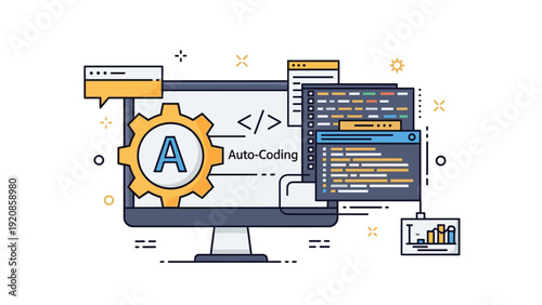 Conceptual illustration of auto-coding on a computer screen with gear icons, code snippets, and data charts for software development.
