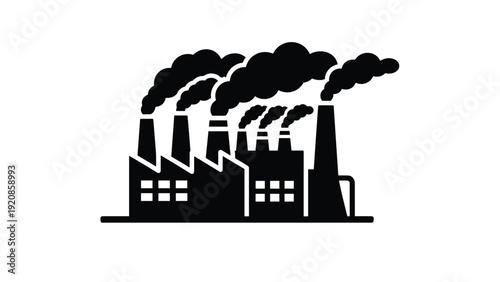 Industrial factory silhouette with multiple smokestacks emitting thick clouds of smoke, representing pollution and manufacturing.